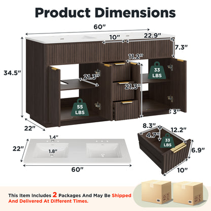 Modern Fluted Bathroom Vanity Collection - 60‘’-brown