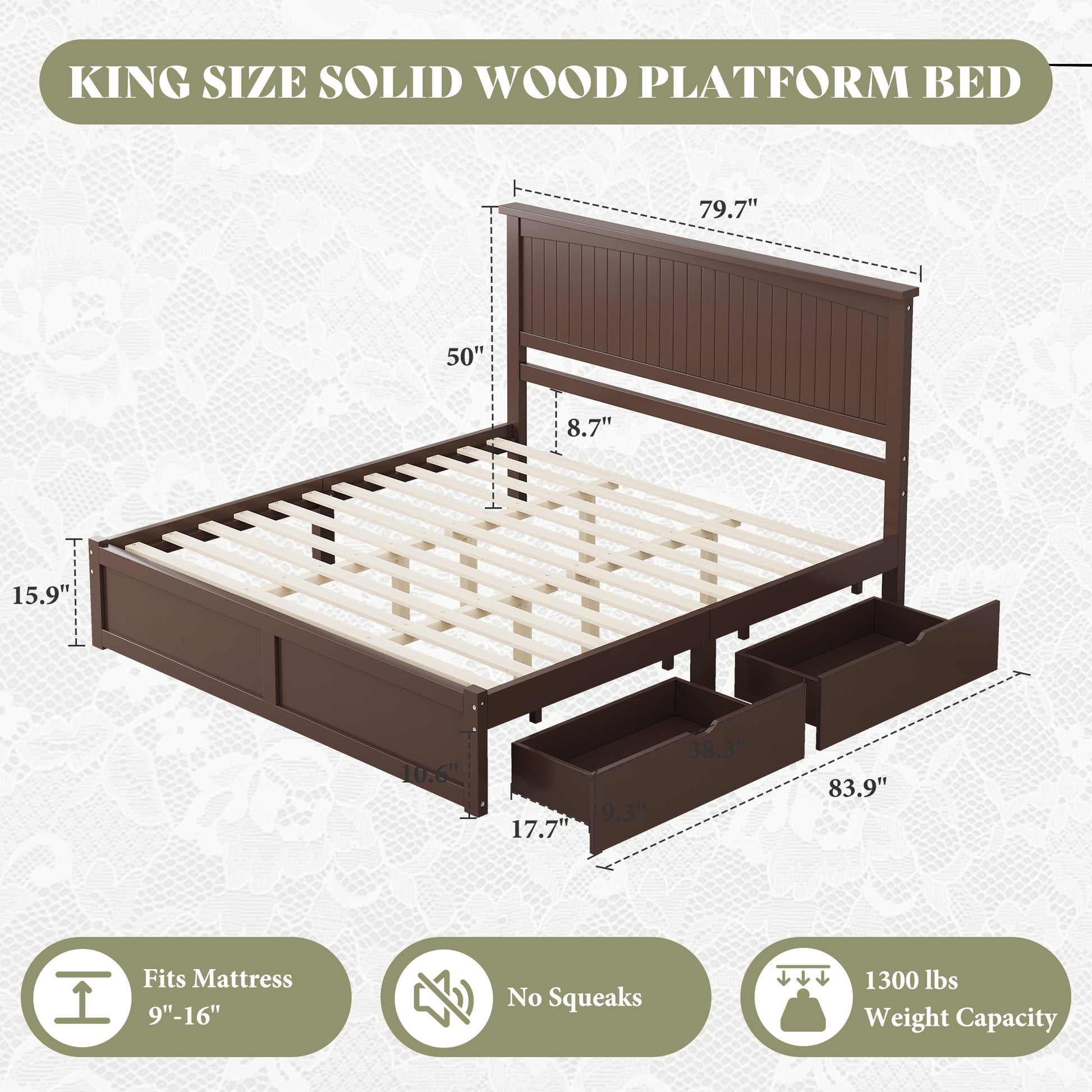 Solid Wood Platform Bed Frame-King-Espresso Brown