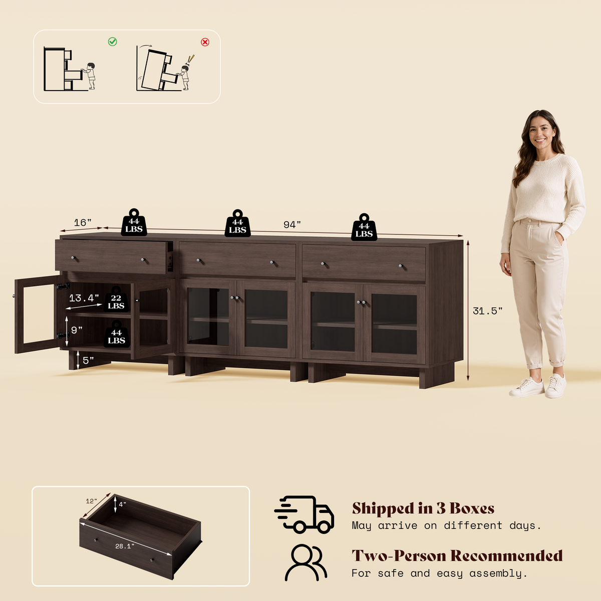 MKG002 Modular Storage Cabinet-3pc-B-walnut