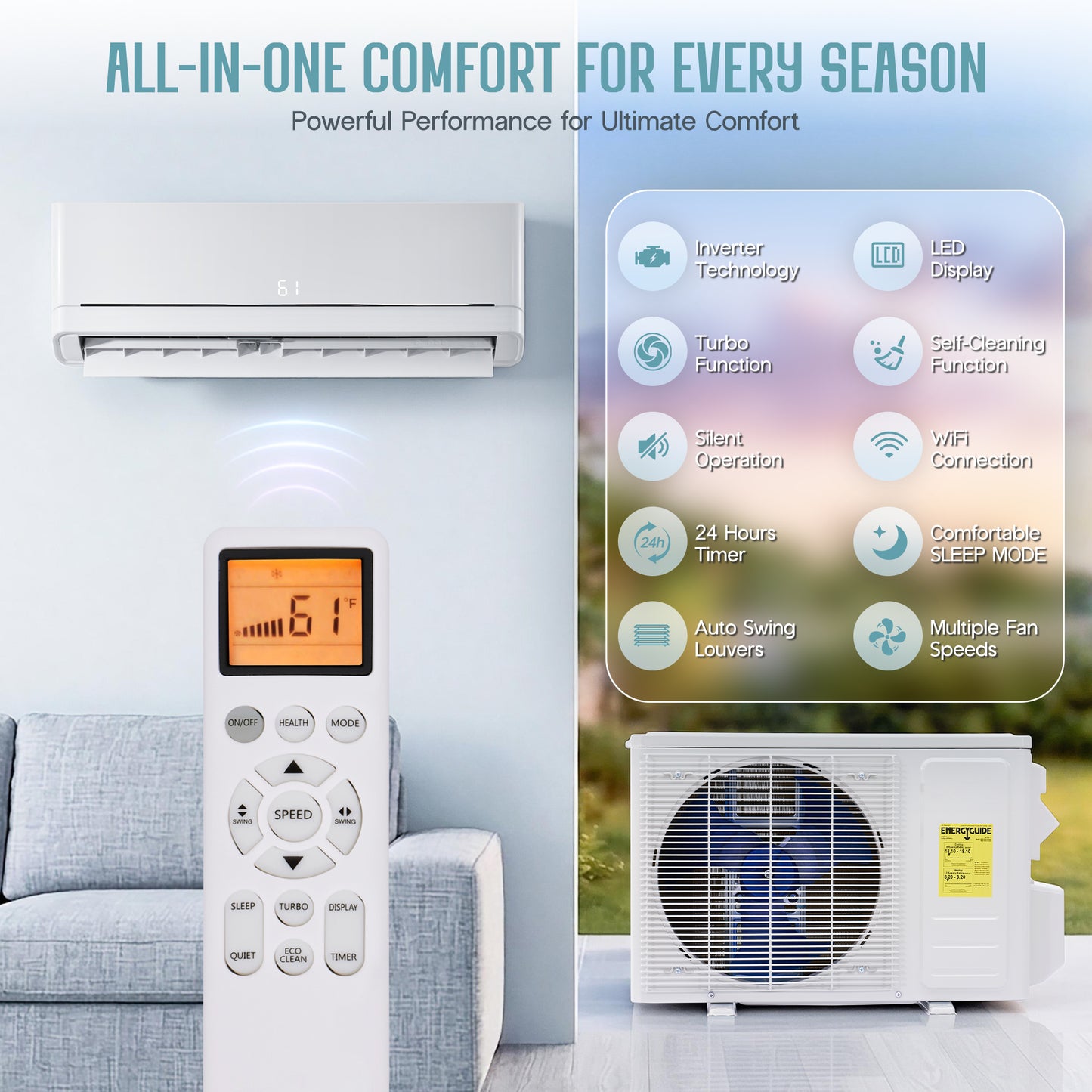 Whisper Ductless Mini Split AC and Heating System-12000BTU-115V
