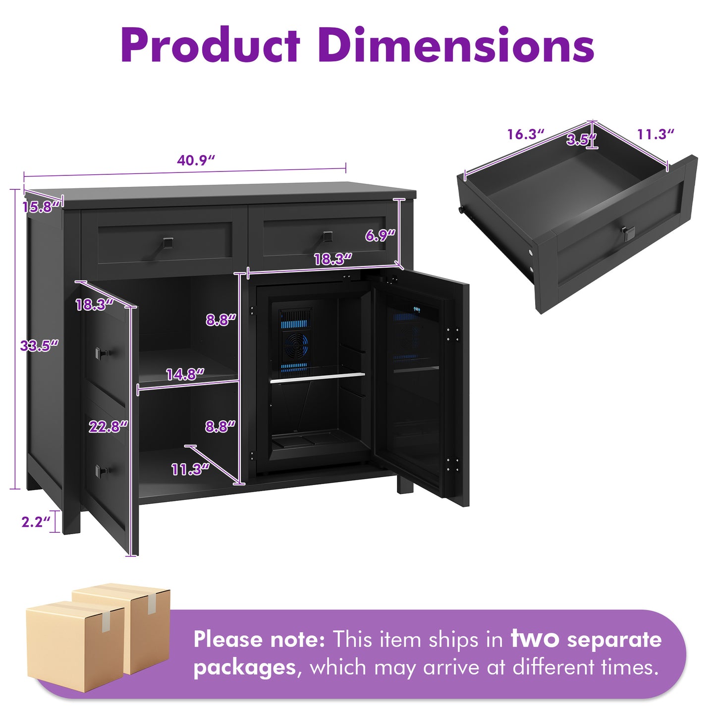 Faux 41" Dresser with Built-in Mini Fridge -Black