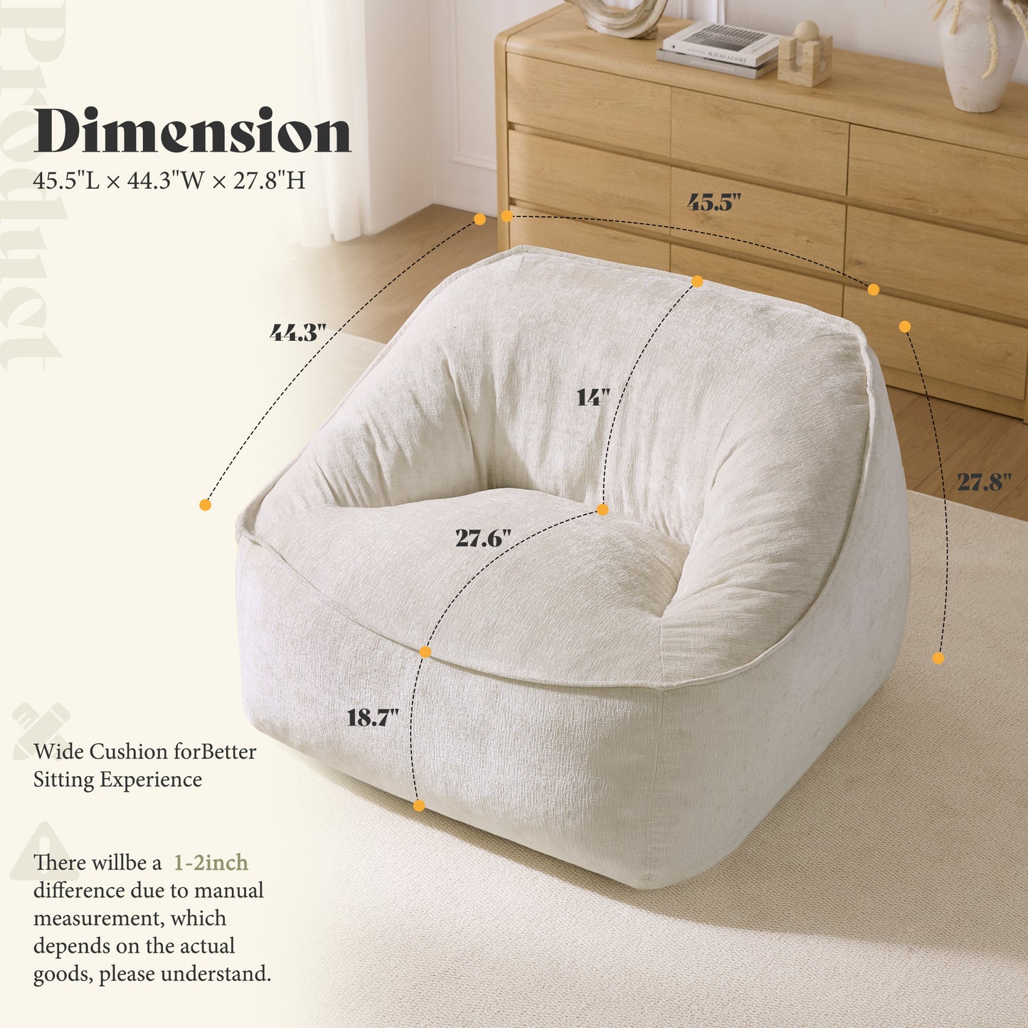 Amerlife Oversized Bean Bag Lounge Chair-Cream Chenille