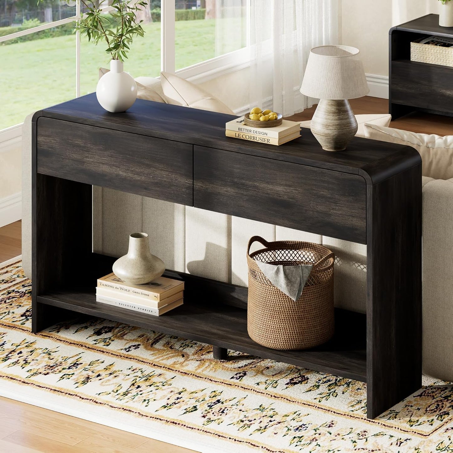 Curvia Wooden Console Table Amerlife Fluted Panel / 55" / Black