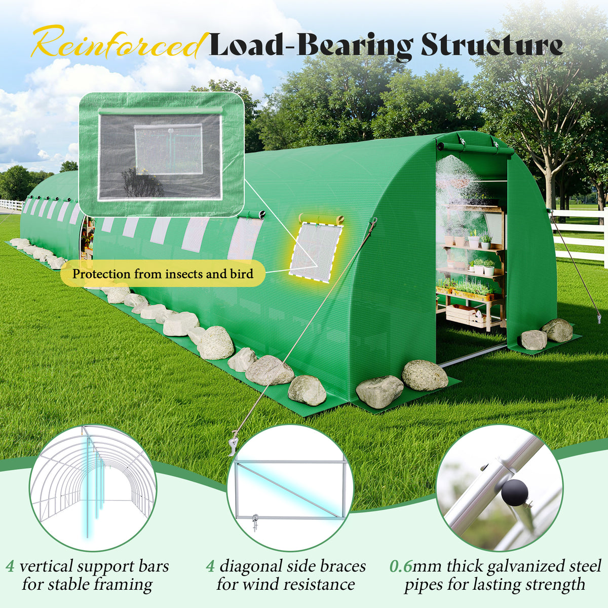 Canopy Large Walk-In Outdoor Greenhouse with Misting System-44x10 FT - Frame NOT Included-Green