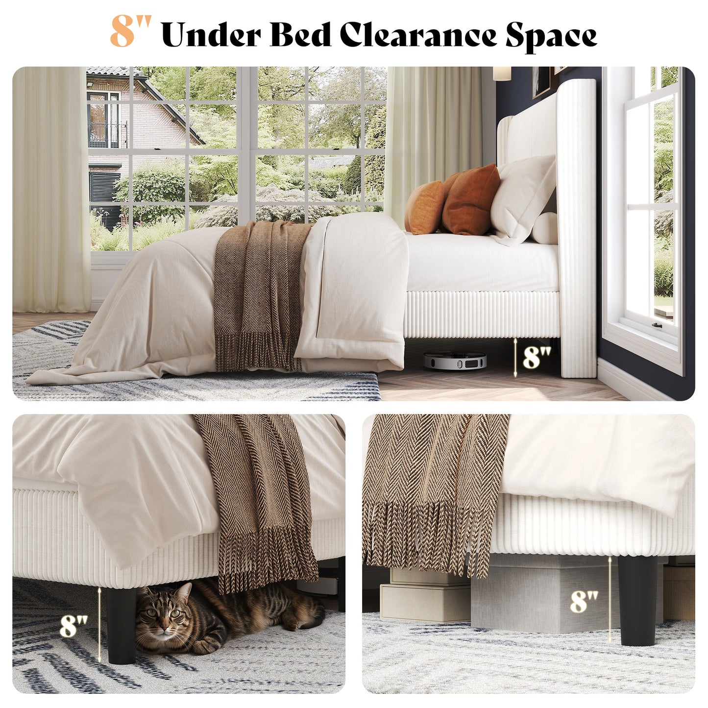 Corduroy Upholstered King Bed Frame-White