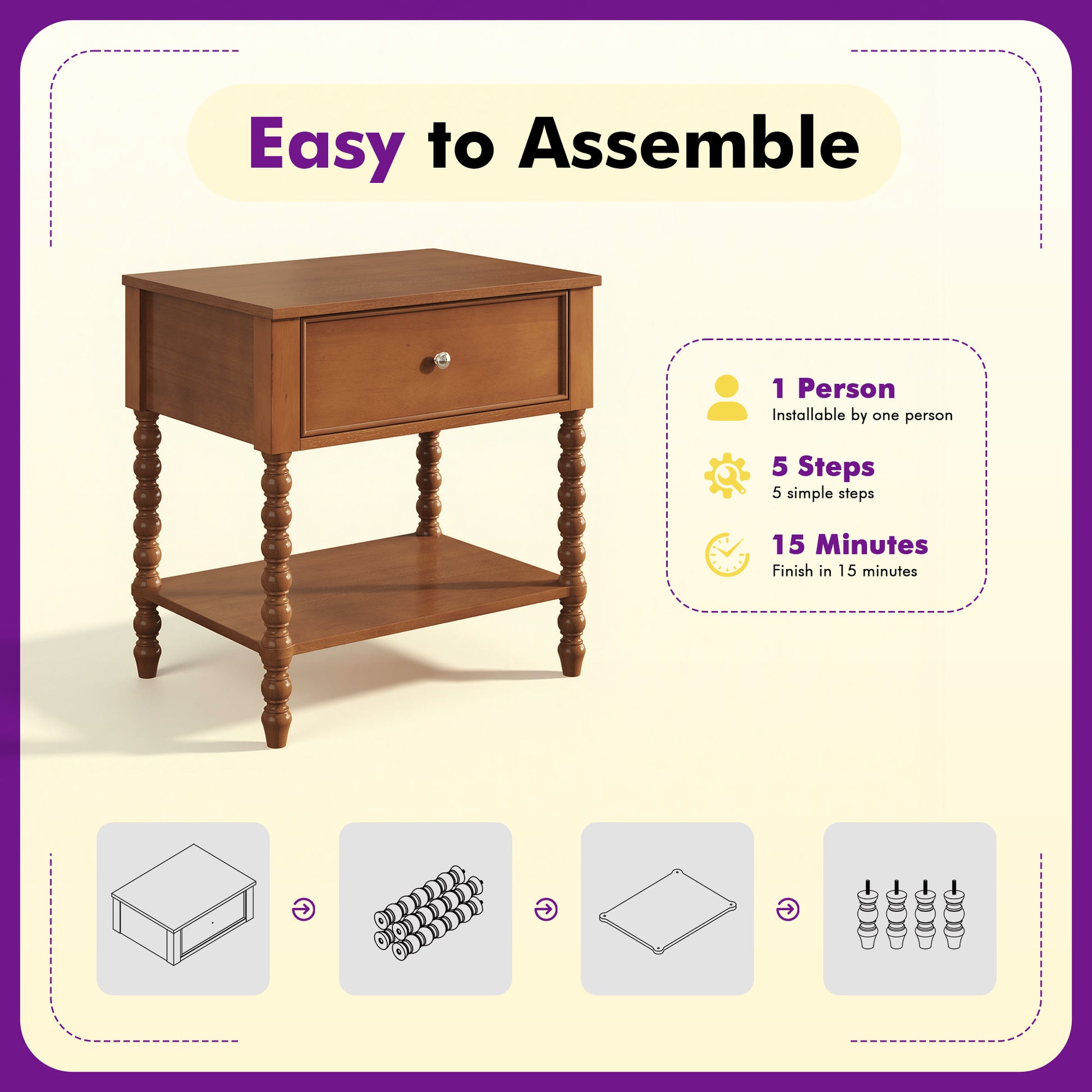 Spindle Solid Wood Nightstand  Brown / 2PC