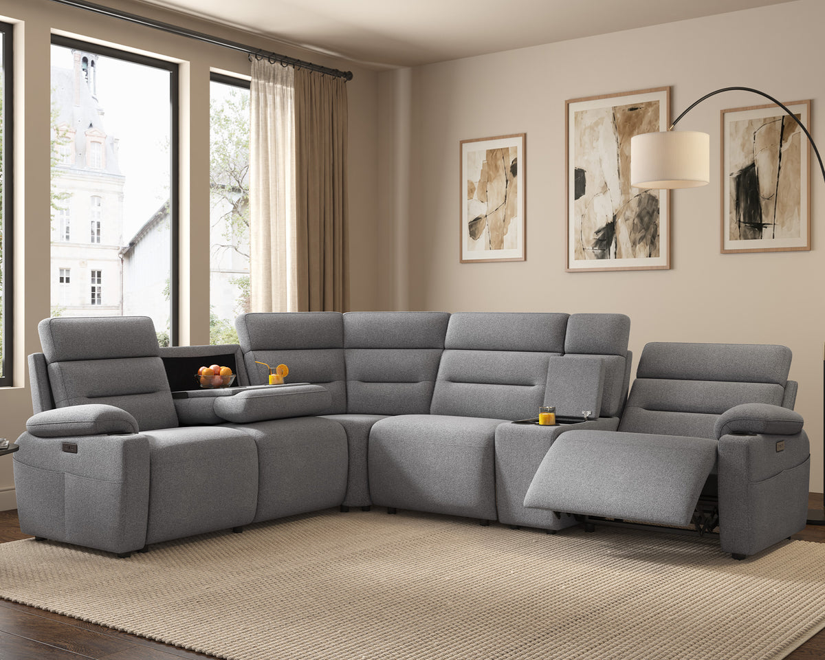 L-Shaped Power Reclining Sectional Sofa with Console-5-Seat L-Shaped-Light Grey