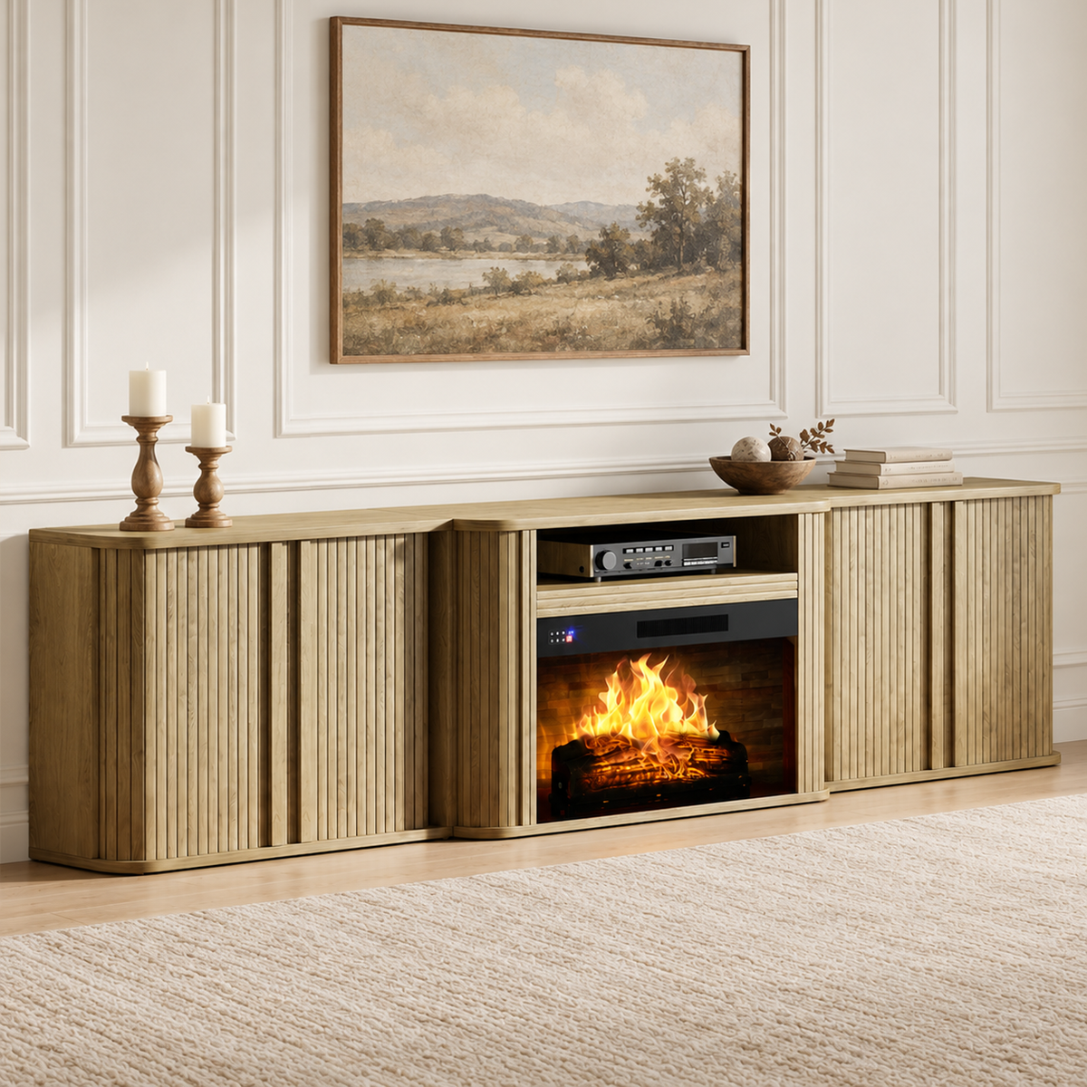 Arden Fluted Electric Fireplace TV Stand-90"-Natural Oak