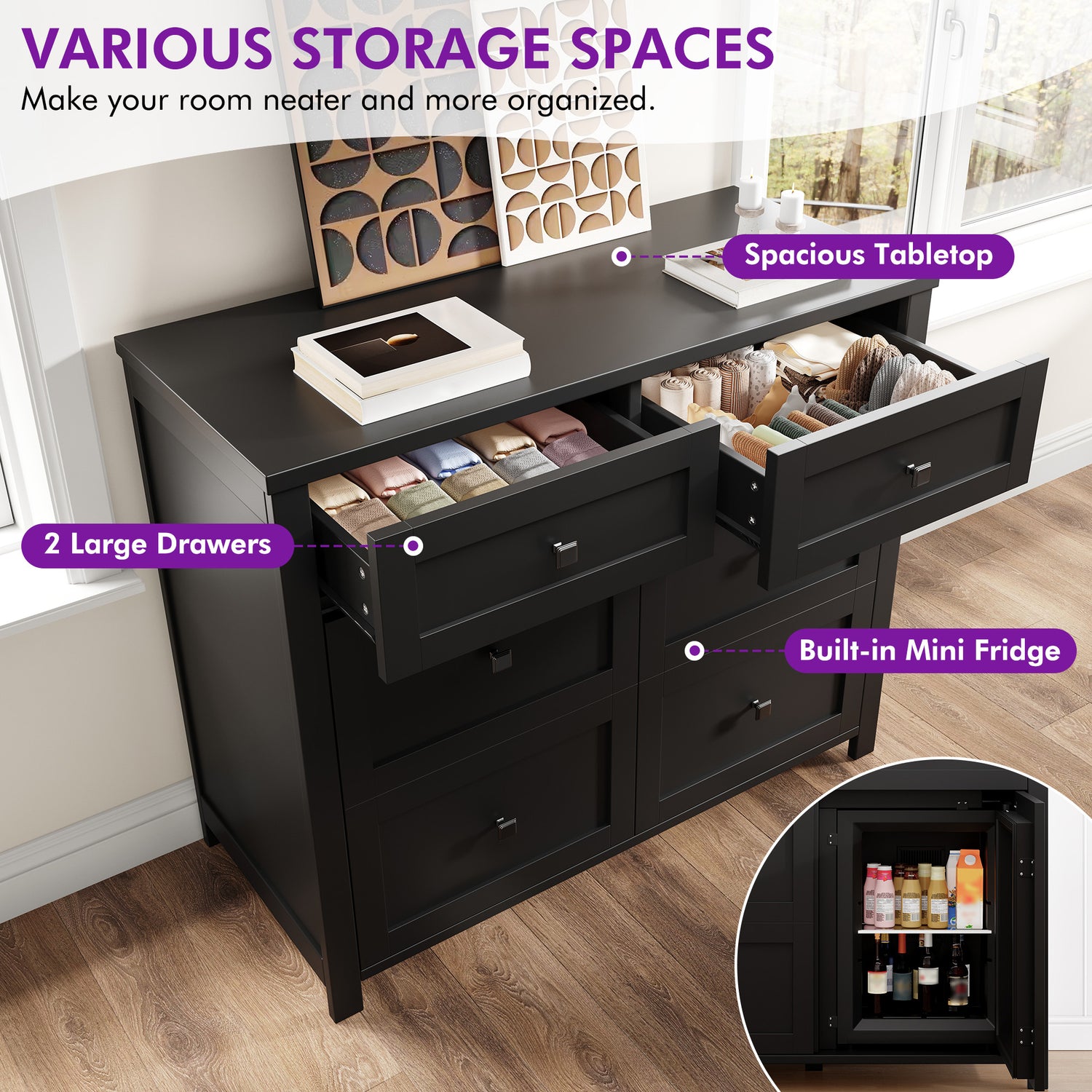 Faux 41" Dresser with Built-in Mini Fridge -Black