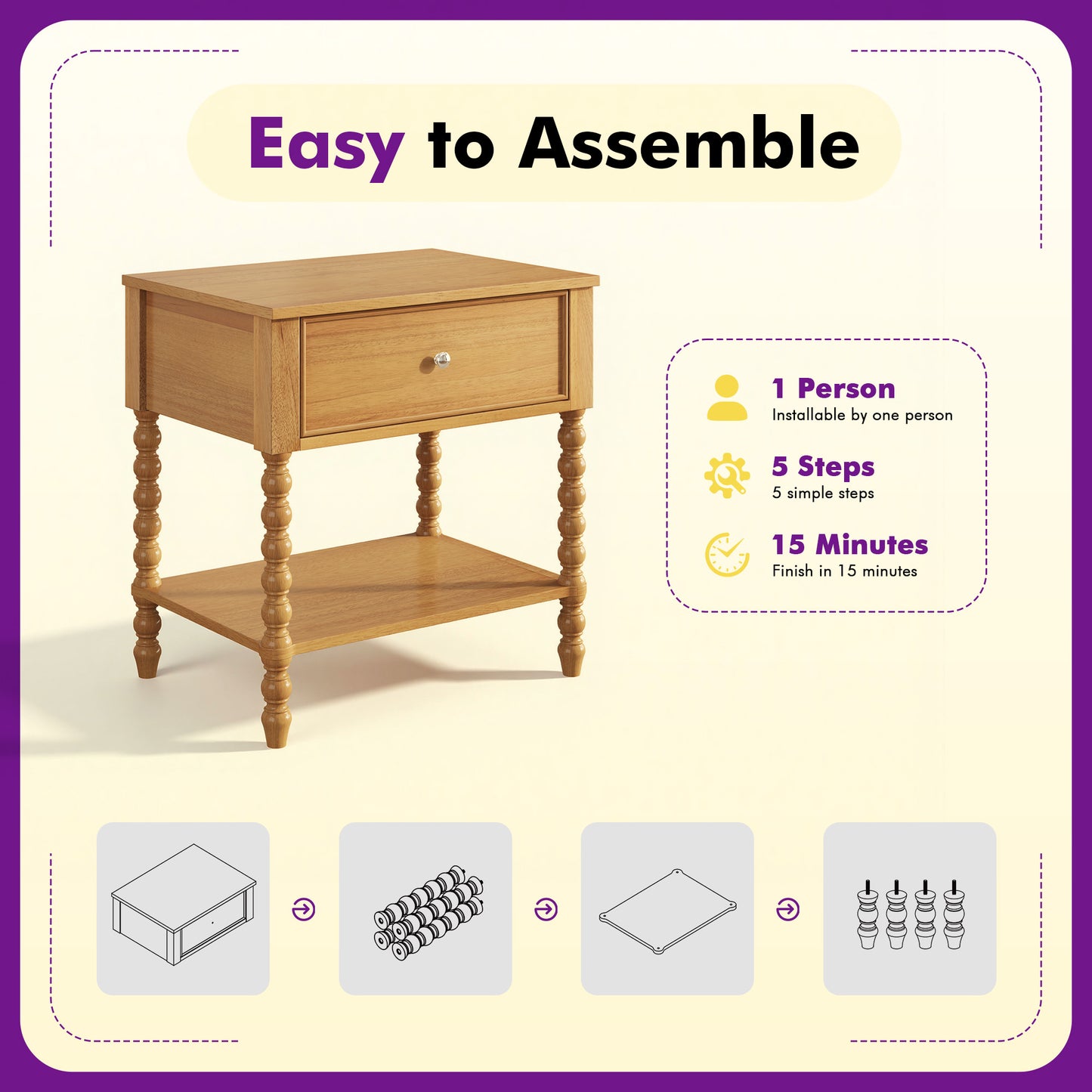 Spindle Solid Wood Nightstand  Natural Wood / 2PC