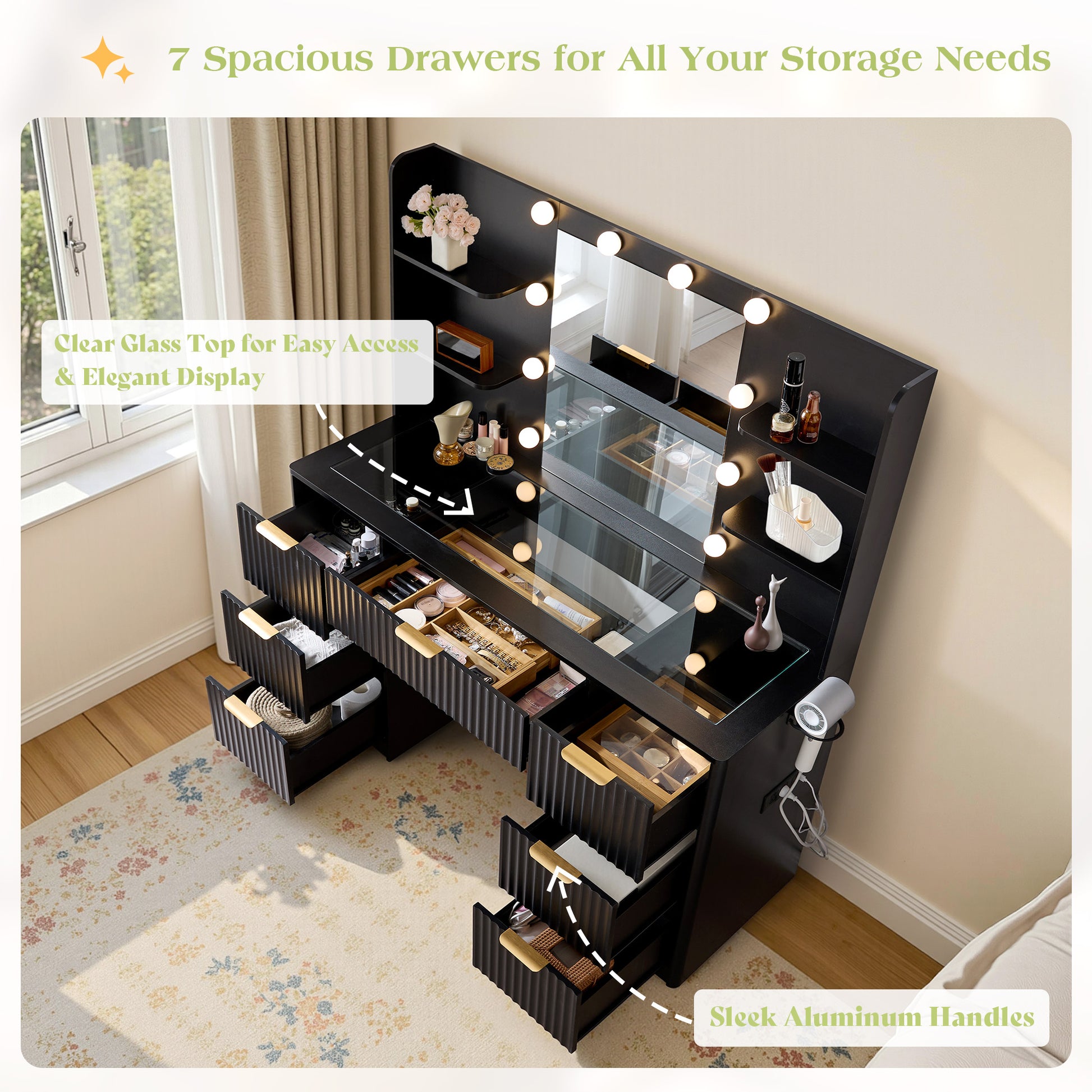 Glow 47.2" Fluted Vanity Desk Amerlife Black
