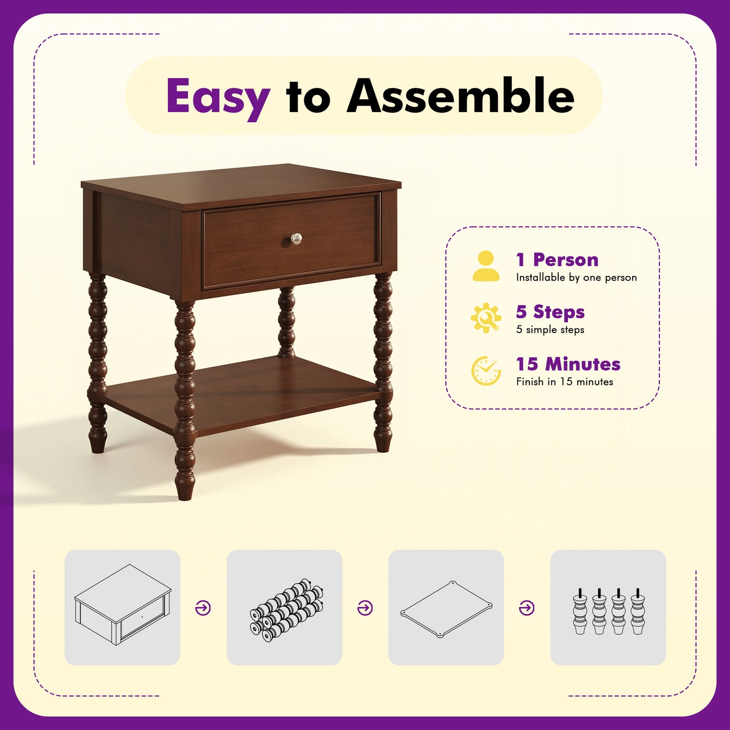 Spindle Solid Wood Nightstand  Dark Walnut / 2PC