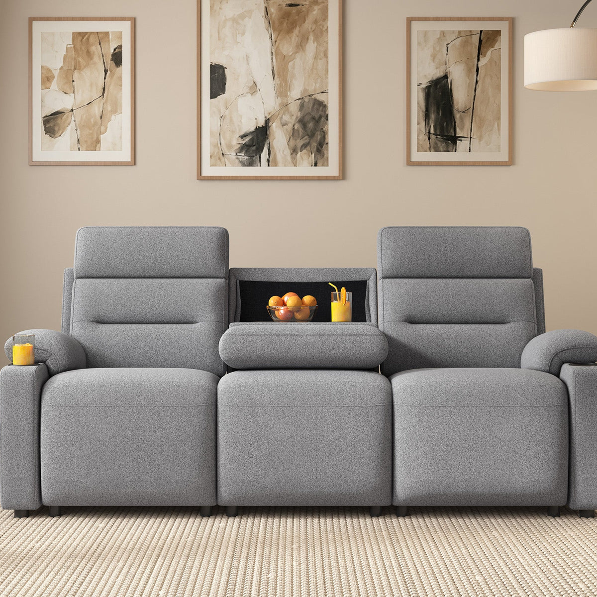L-Shaped Power Reclining Sectional Sofa with Console-3-Seat with Flip Console-Light Grey