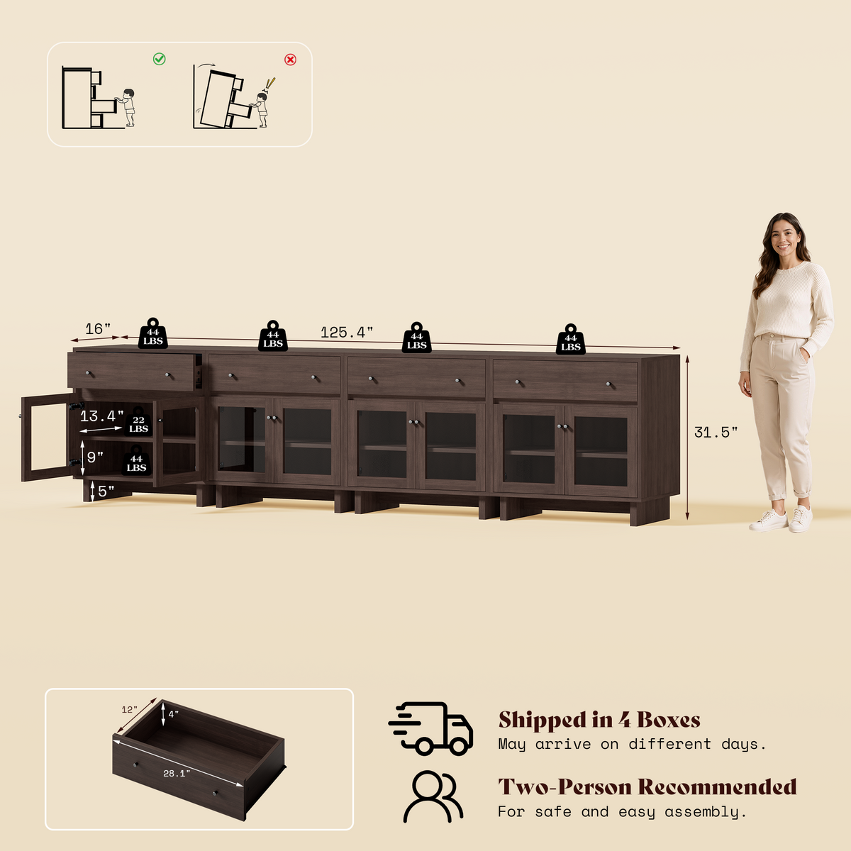 MKG002 Modular Storage Cabinet-4pc-B-walnut