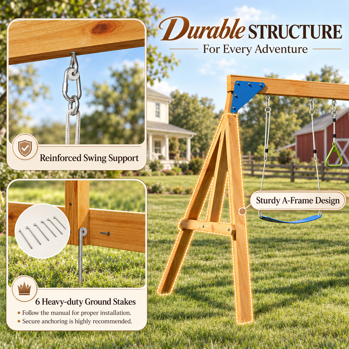 Evertrail Wooden Swing Set with Slide and Climbing Wall-Natural Oak