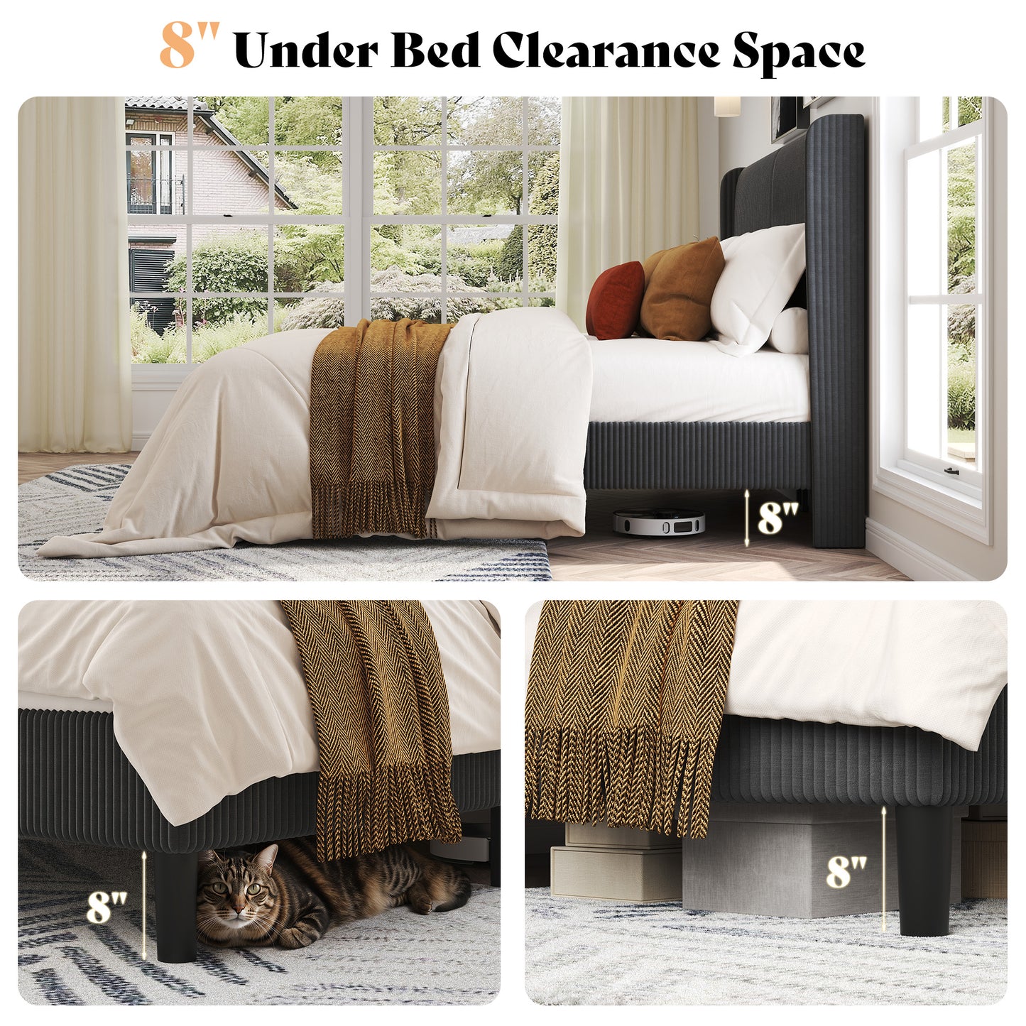 Corduroy Upholstered King Bed Frame-Black