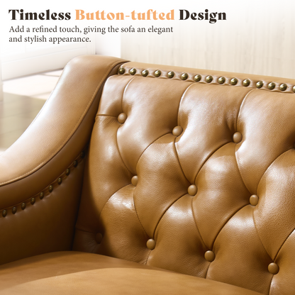 AMERLIFE Modern Genuine Leather Chesterfield Sofa Curved Arms