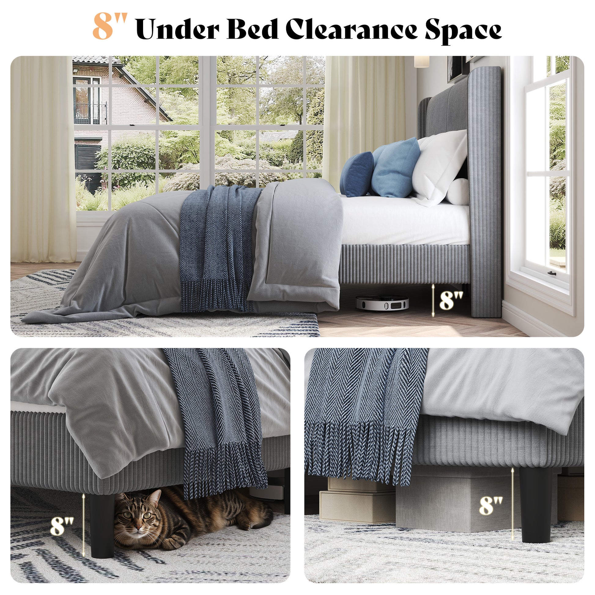 Corduroy Upholstered King Bed Frame-Grey