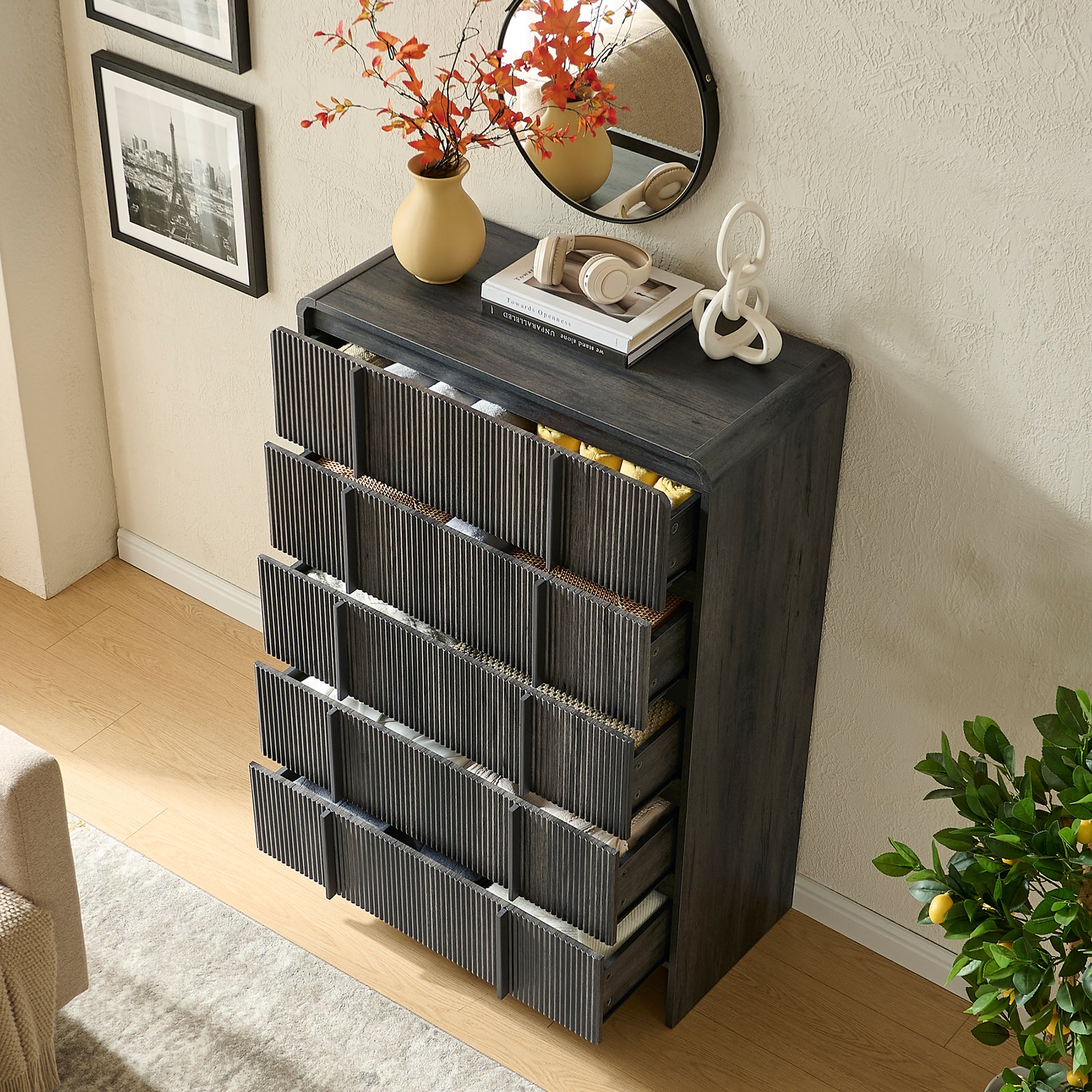 Grayon Fluted 5-Drawer Tall Dresser - Black
