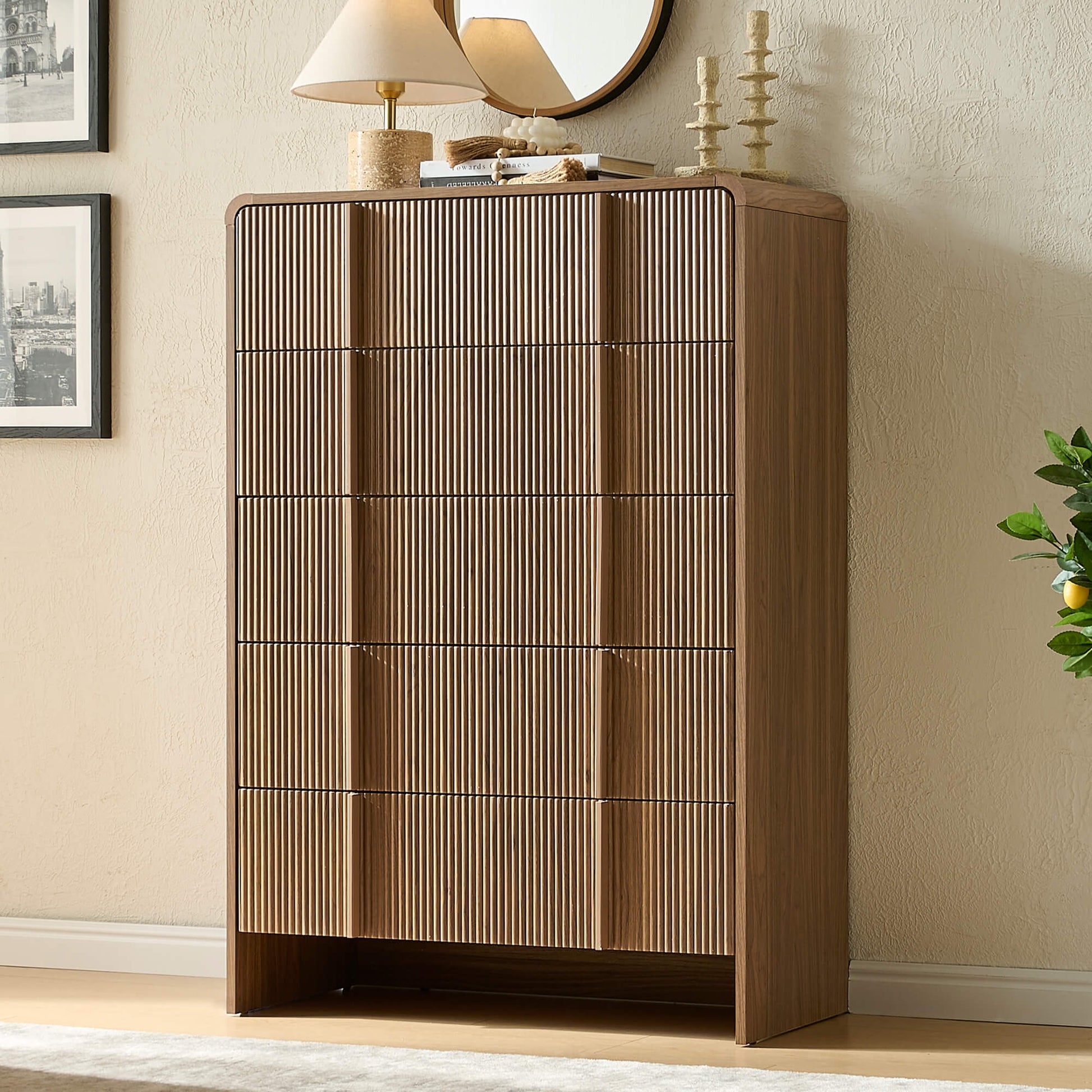 Amerlife Grayon Fluted 5-Drawer Tall Dresser with Pine Handles Natural Oak Amerlife Grayon Fluted 5-Drawer Tall Dresser with Pine Handles Natural Oak