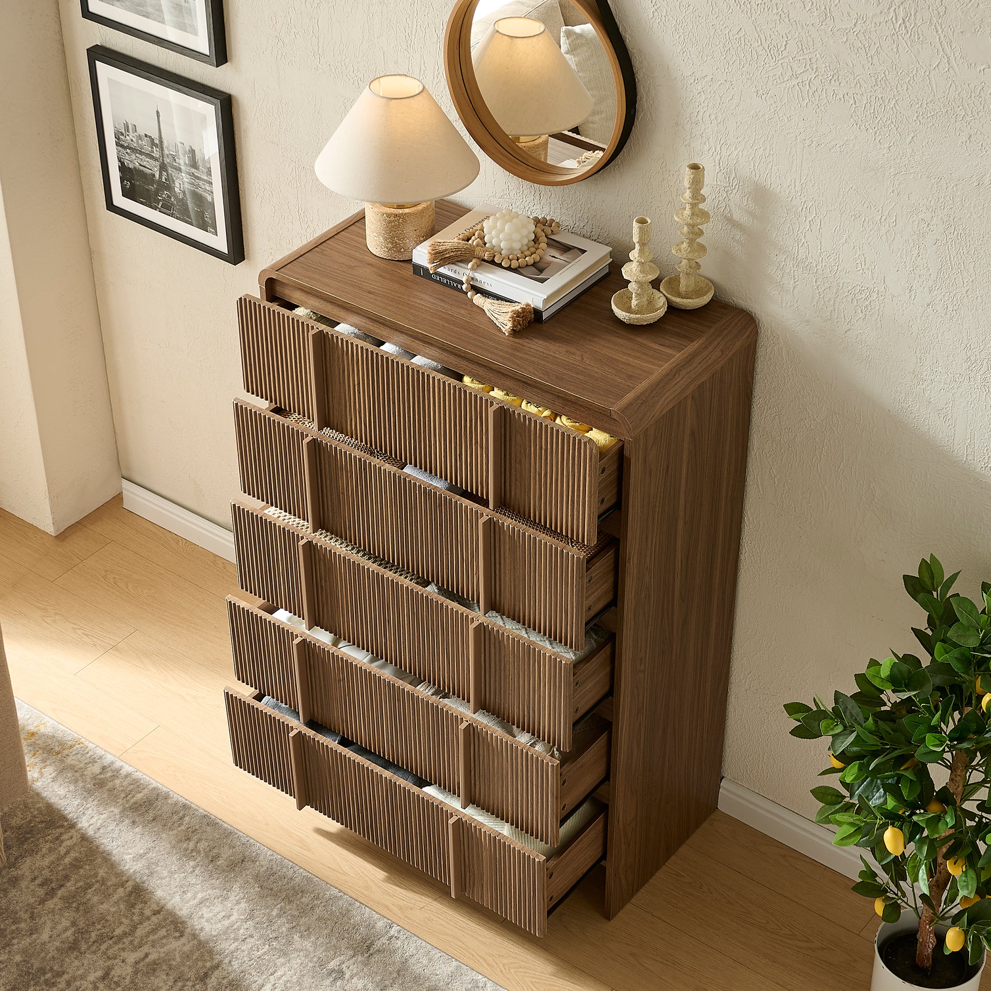 Grayon Fluted 5-Drawer Tall Dresser - Dark Walnut