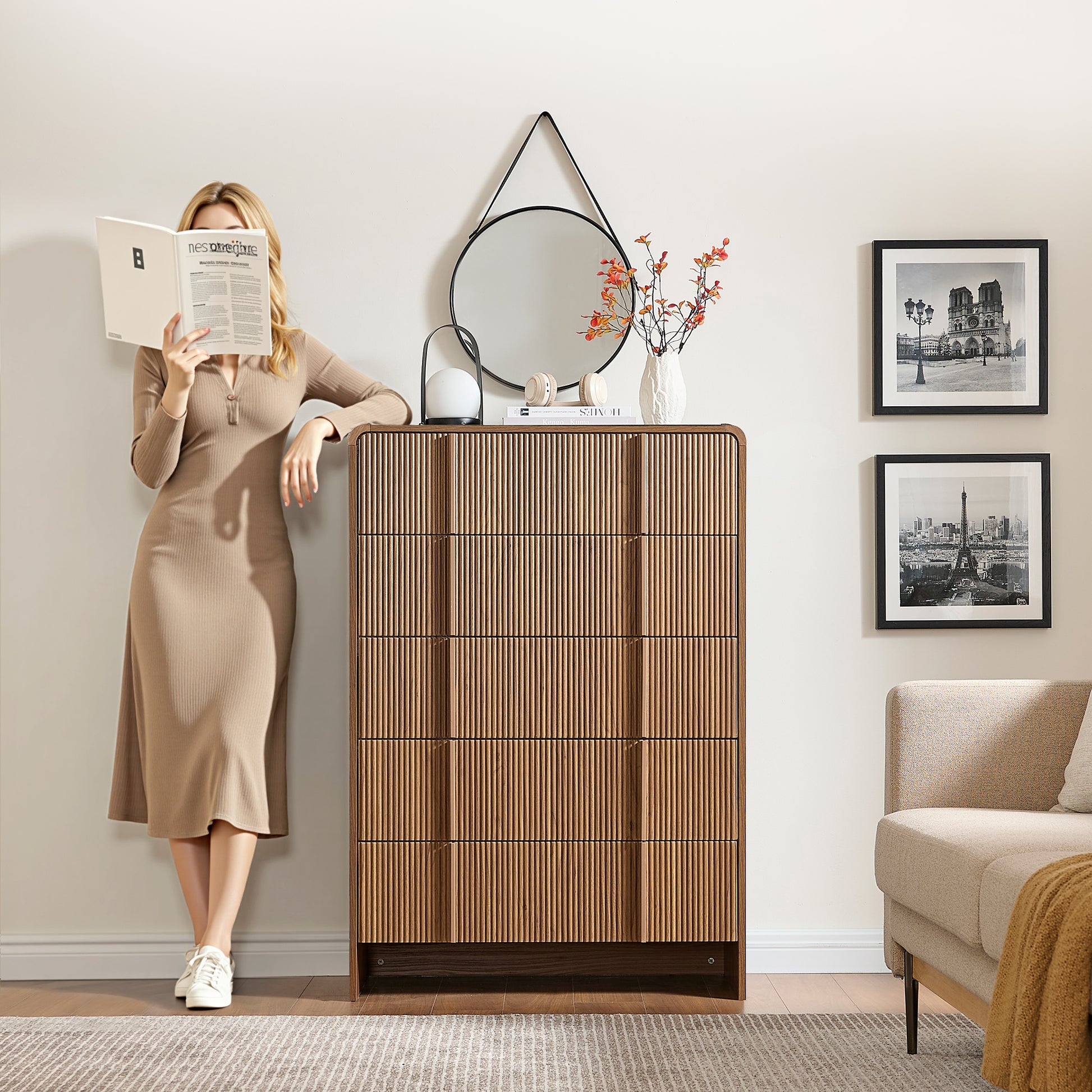 Grayon Fluted 5-Drawer Tall Dresser - Dark Walnut