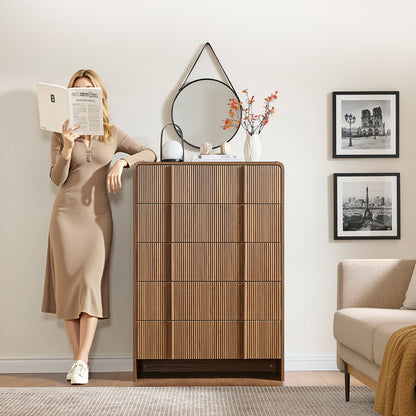 Grayon Fluted 5-Drawer Tall Dresser - Dark Walnut