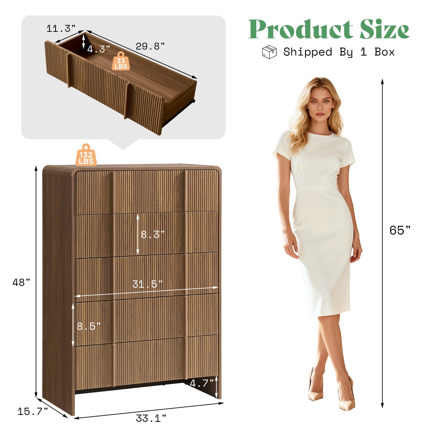 Grayon Fluted 5-Drawer Tall Dresser - Dark Walnut