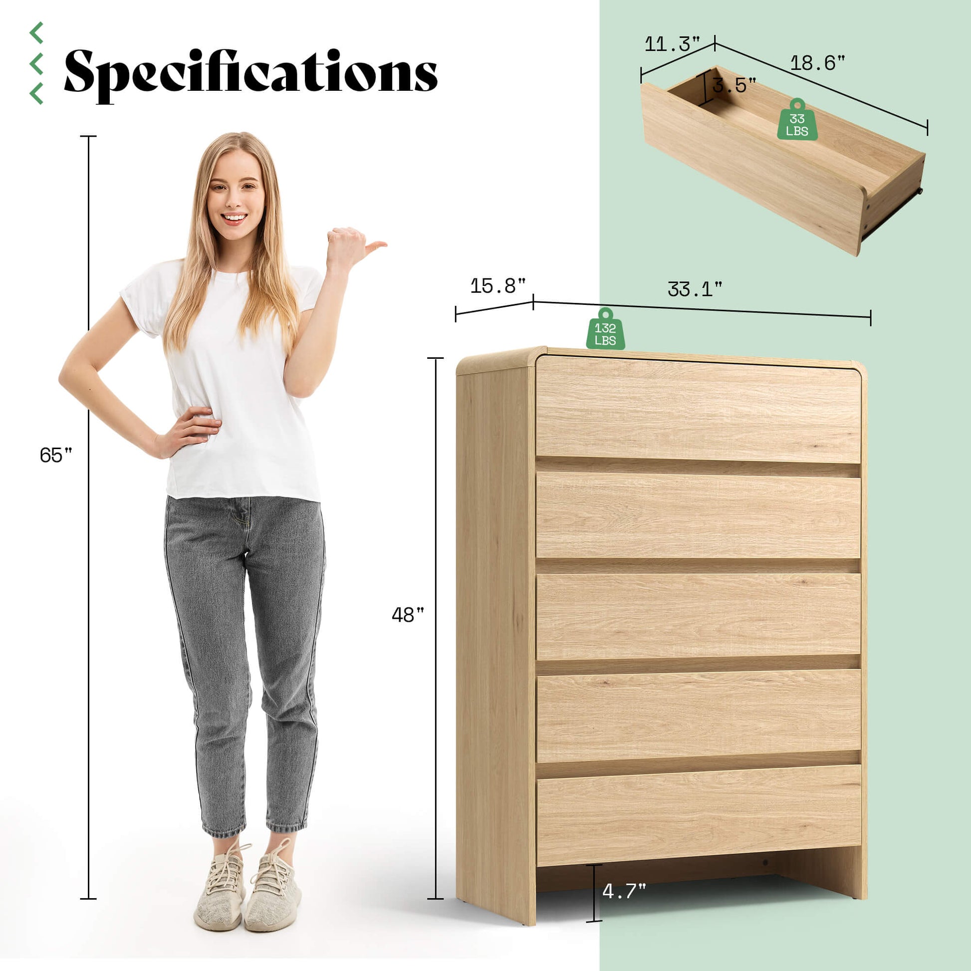 Garyon Modern 5-Drawer Storage Dresser _Light Oak