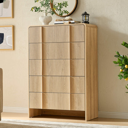 Grayon Fluted 5-Drawer Tall Dresser - Natural Oak