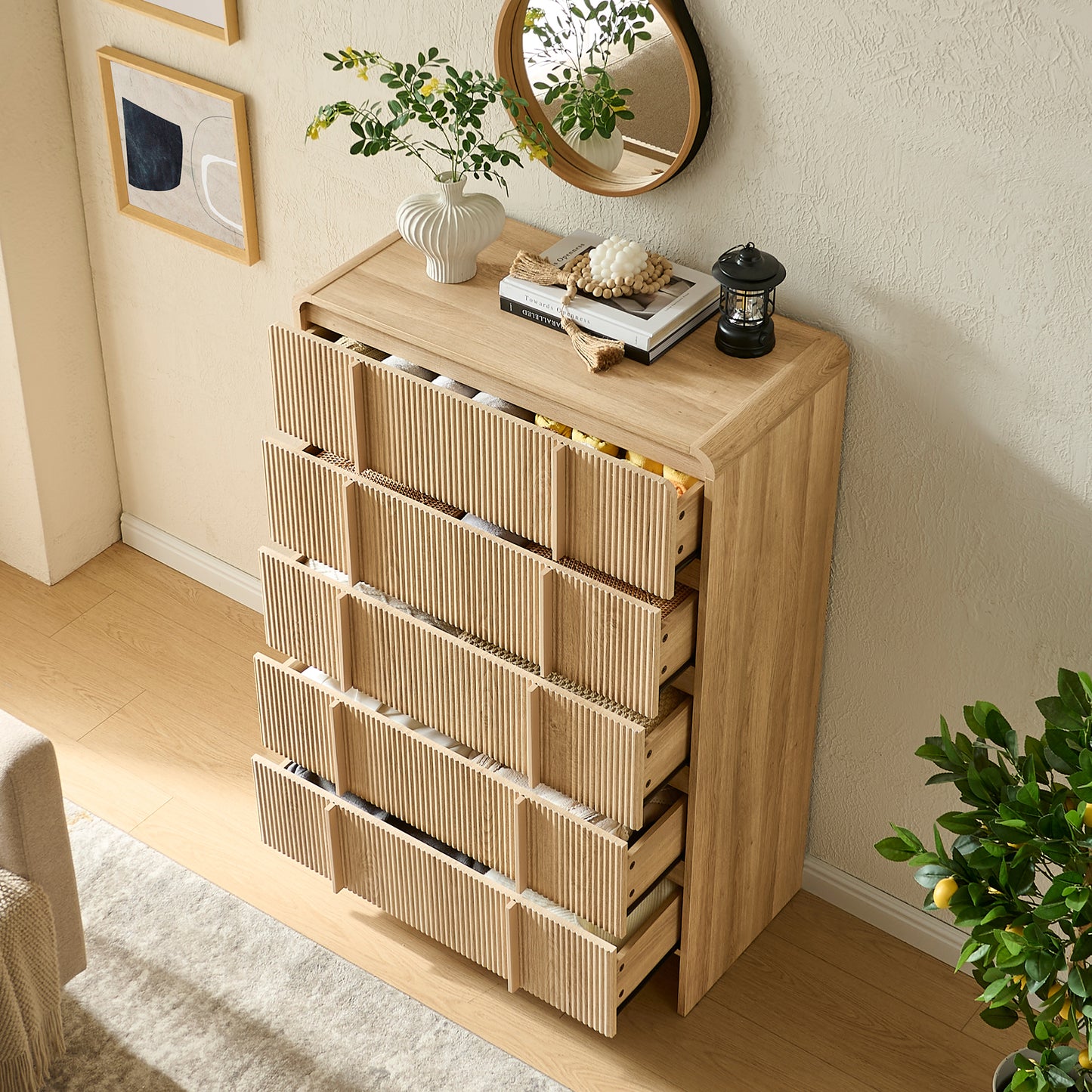 Grayon Fluted 5-Drawer Tall Dresser - Natural Oak