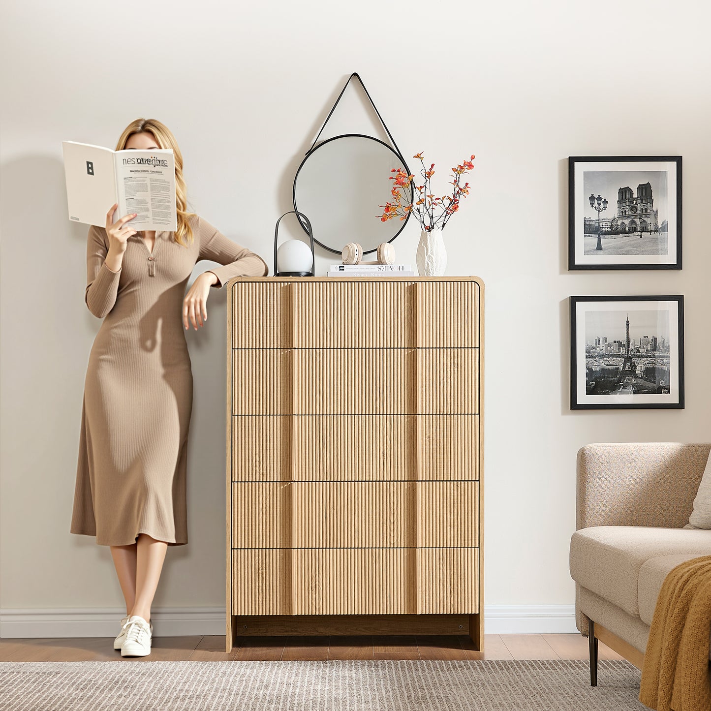 Grayon Fluted 5-Drawer Tall Dresser - Natural Oak