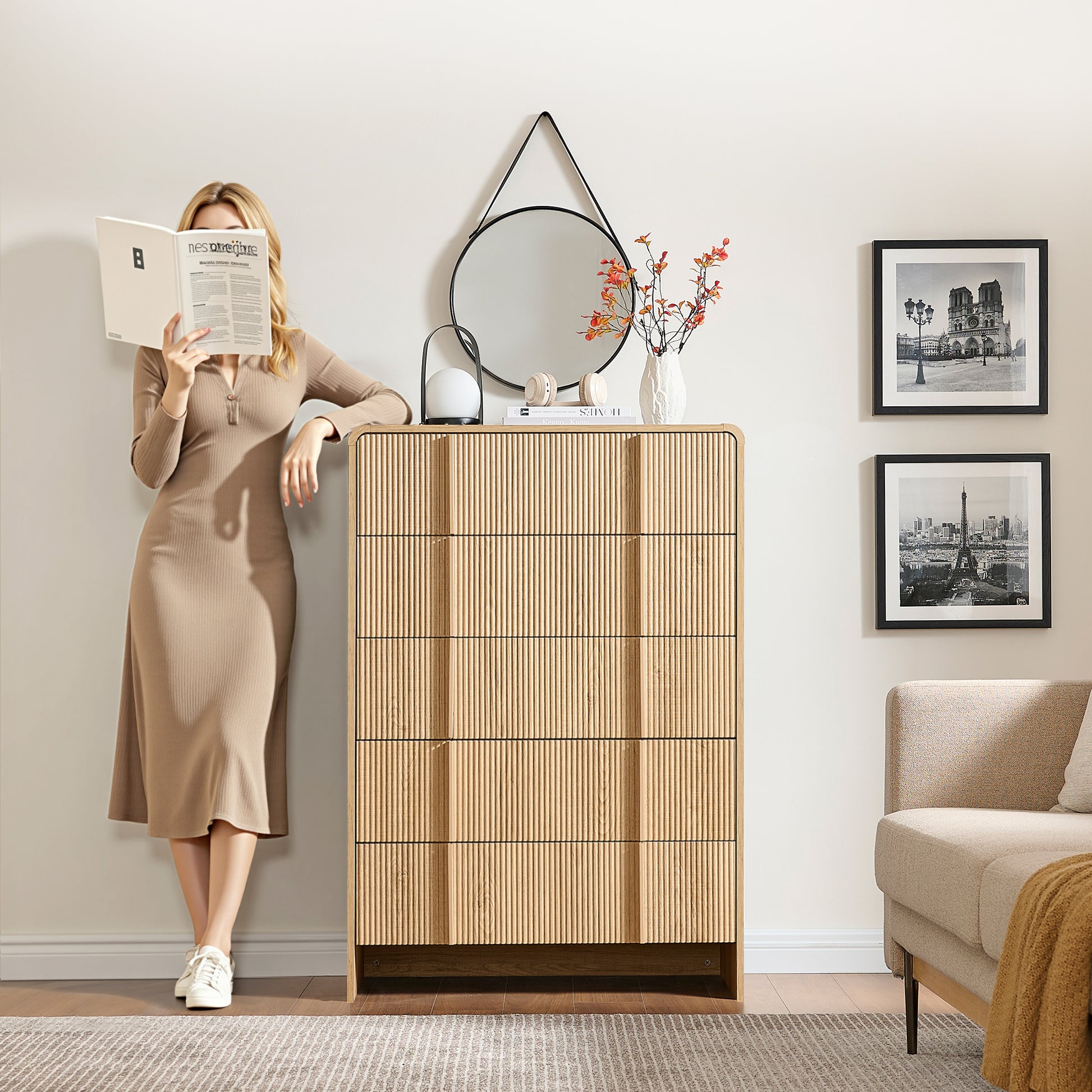 Grayon Fluted 5-Drawer Tall Dresser - Natural Oak