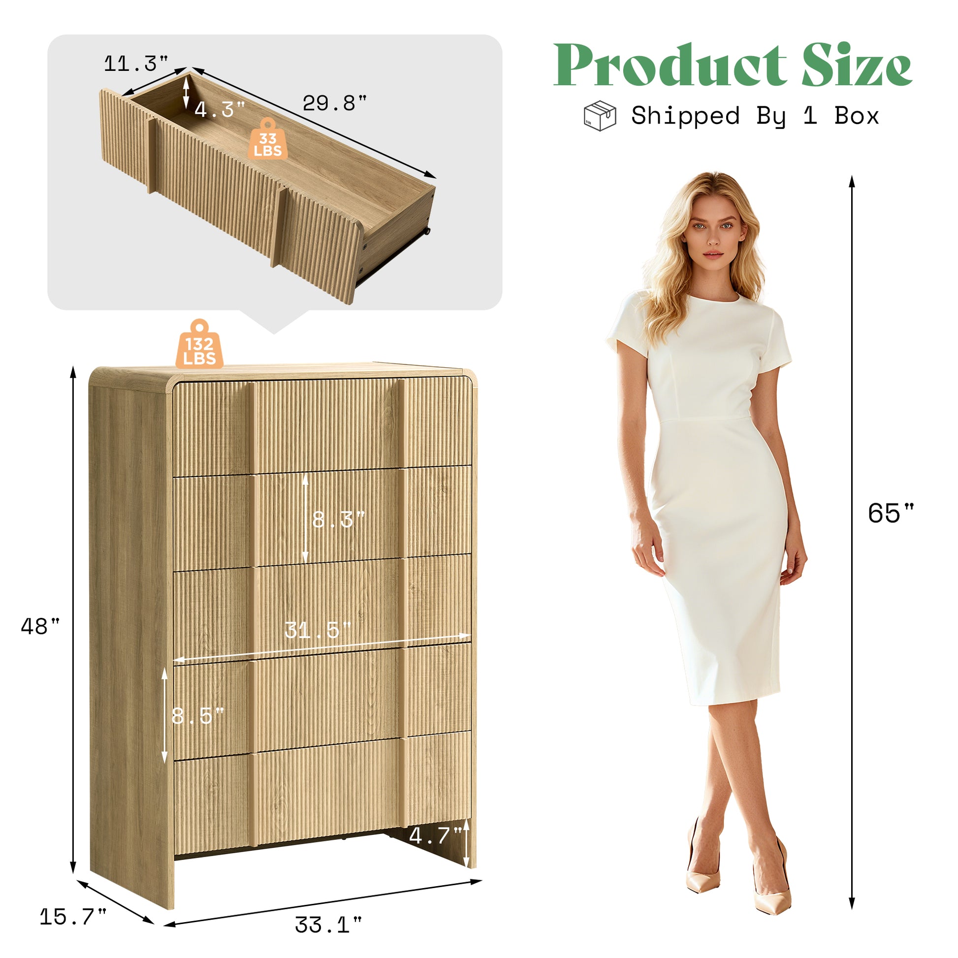 Grayon Fluted 5-Drawer Tall Dresser - Natural Oak