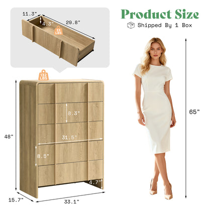 Grayon Fluted 5-Drawer Tall Dresser - Natural Oak