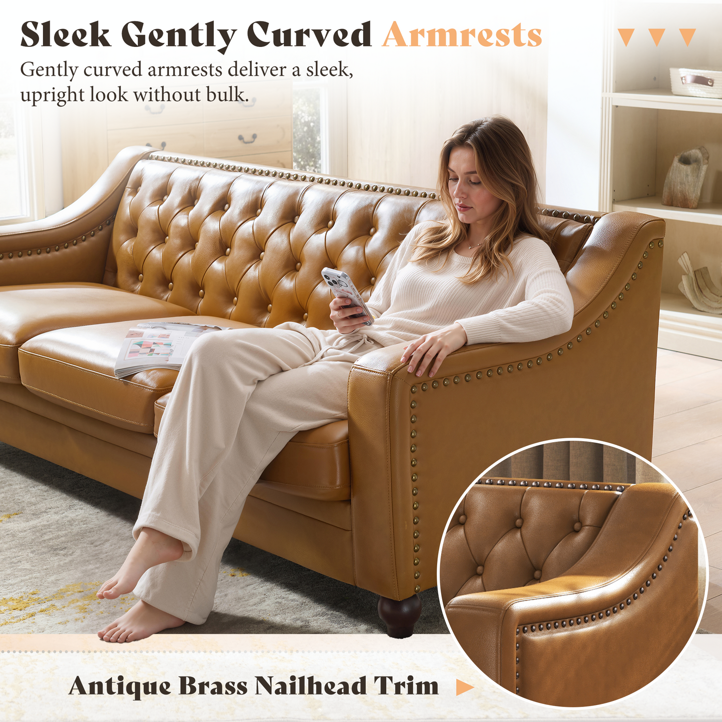 AMERLIFE Modern Genuine Leather Chesterfield Sofa Curved Arms
