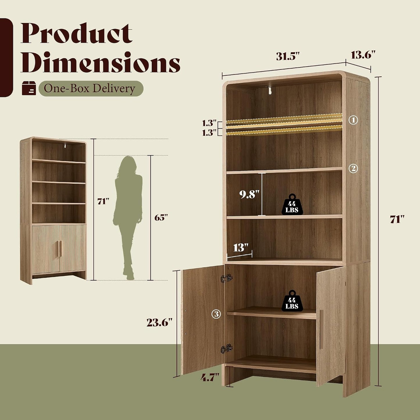 Arcova 71" Tall Fluted Bookshelf Amerlife Natural