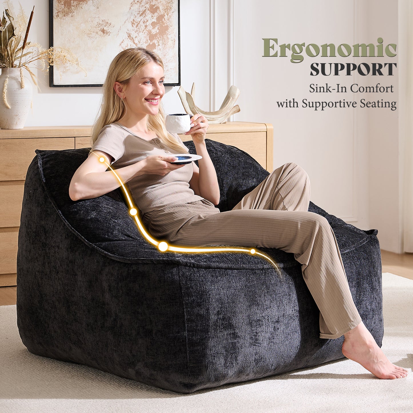 Amerlife Oversized Bean Bag Lounge Chair-Black Chenille