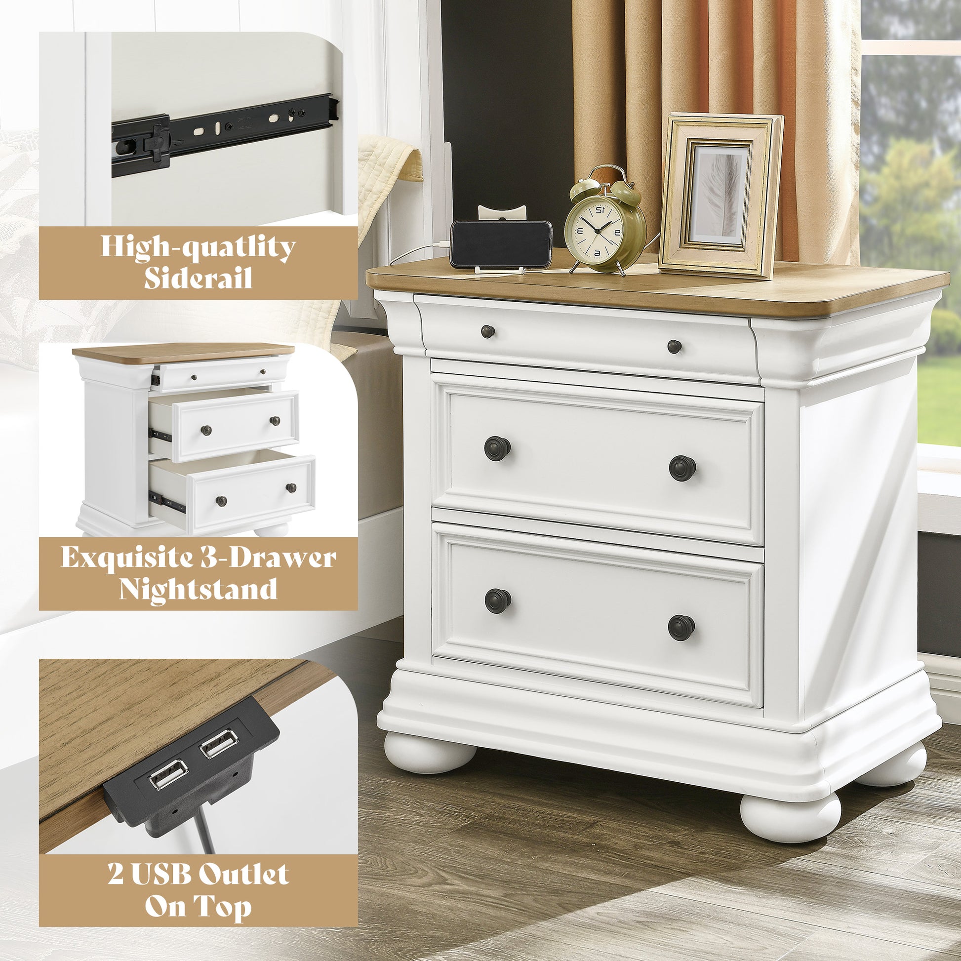 Bun Fully Assembly Wood Nightstand Amerlife White ＆Brown / 30" W