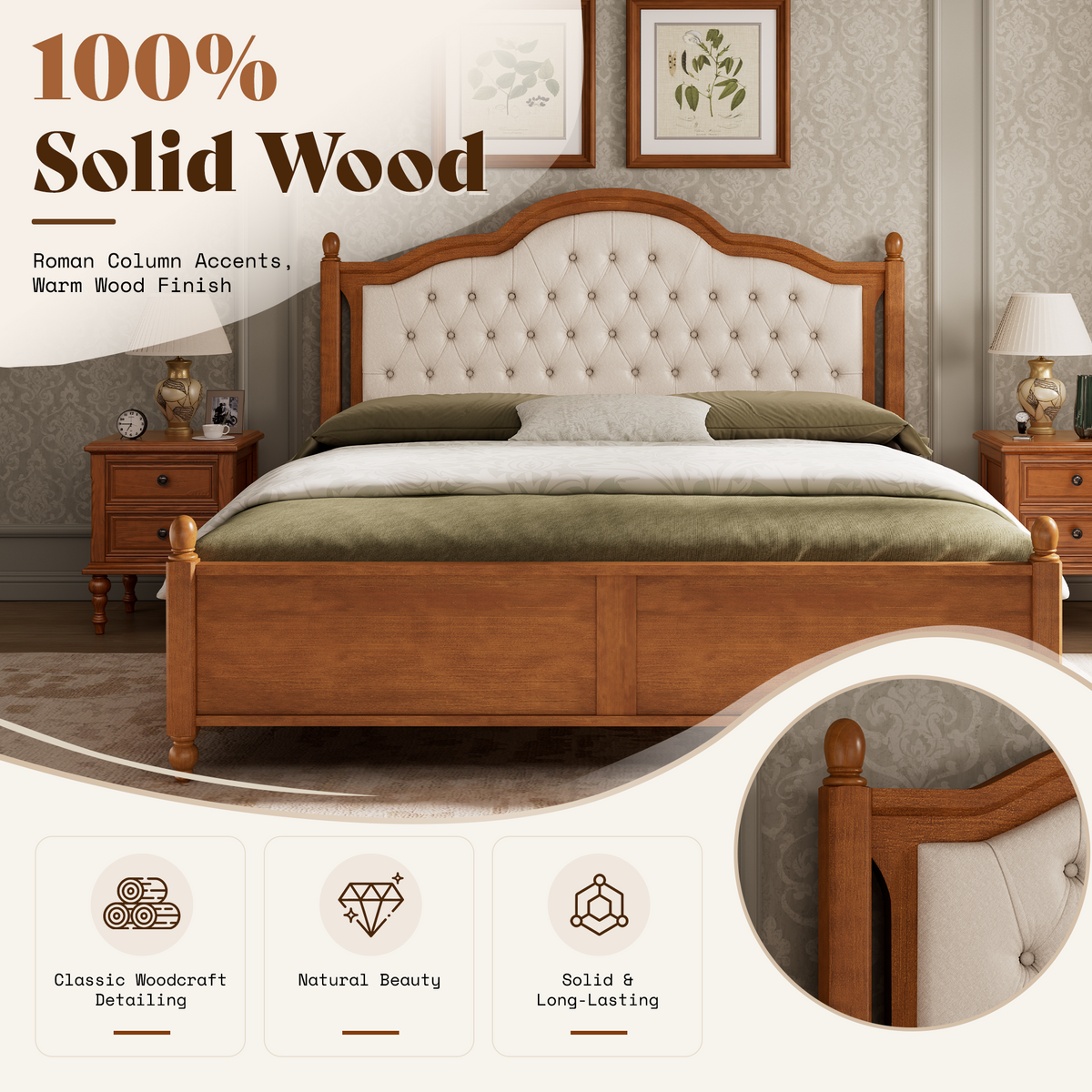 Astor Solid Wood Bed Frame with Upholstered Headboard