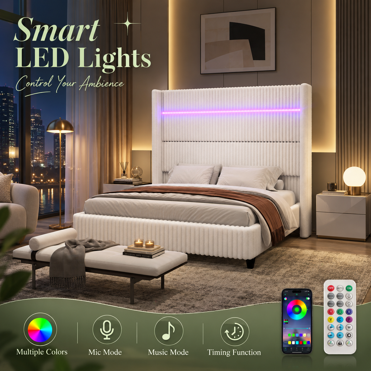 Warren Upholstered Bed Frame with LED Lights-King-White