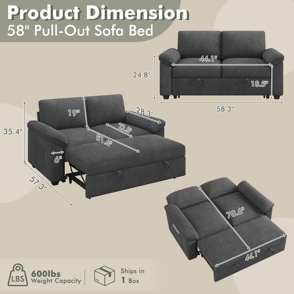 Sleeper Sectional Sofa with Pull Out Bed & Storage-56" | 2-Seater-Gray