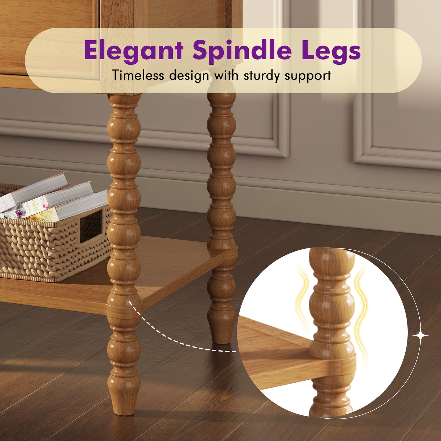 Spindle Solid Wood Nightstand  Natural Wood / 1PC