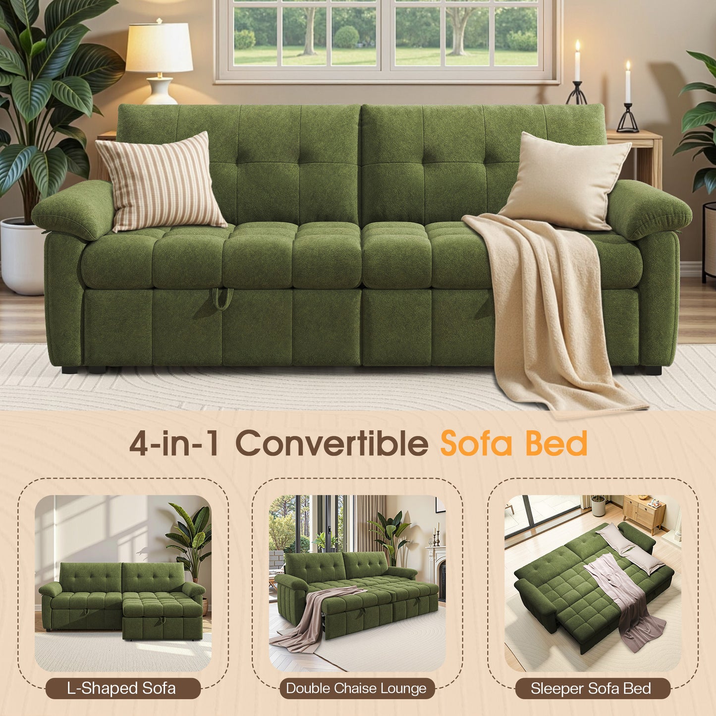 Recline 93" Convertible Sleeper Sofa -Green