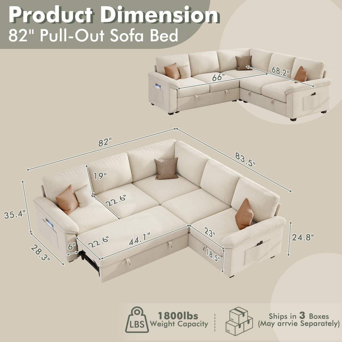 Sleeper Sectional Sofa with Pull Out Bed & Storage-81" | 5-Seater | Fixed backrest-Beige