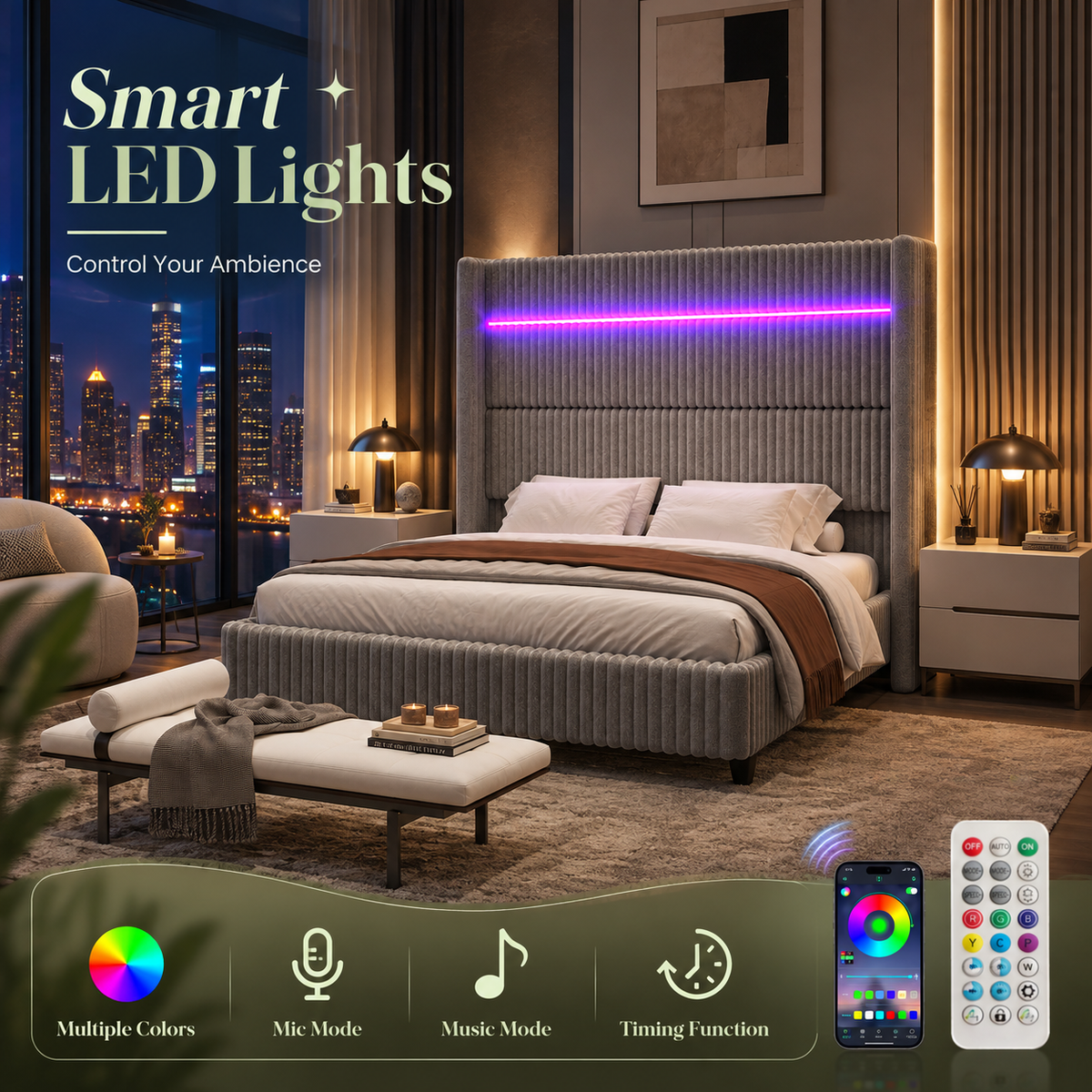 Warren Upholstered Bed Frame with LED Lights-Queen-Grey
