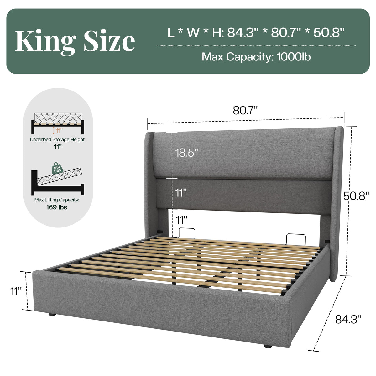Haven Upholstered Hydraulic Storage Bed Frame-King-Light Grey