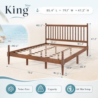 Classic Bobbin Solid Wood Bed Frame-King-Dark Walnut