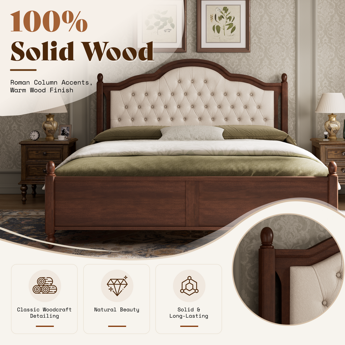Astor Solid Wood King Bed Frame with Headboard-King-Walnut