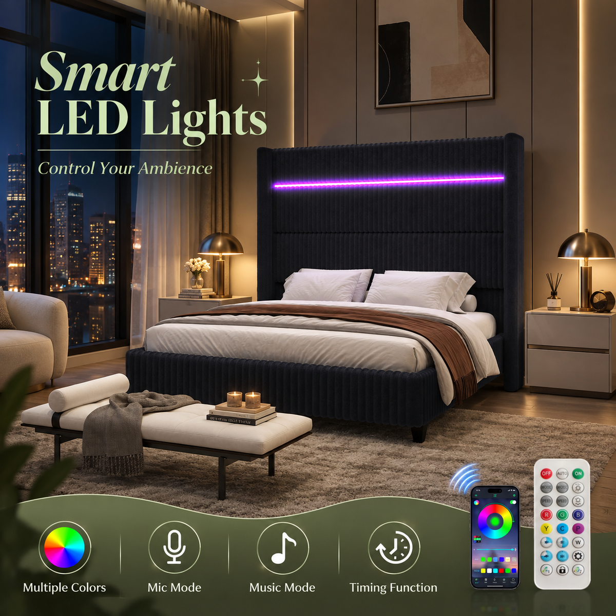 Warren Upholstered Bed Frame with LED Lights-Queen-Black